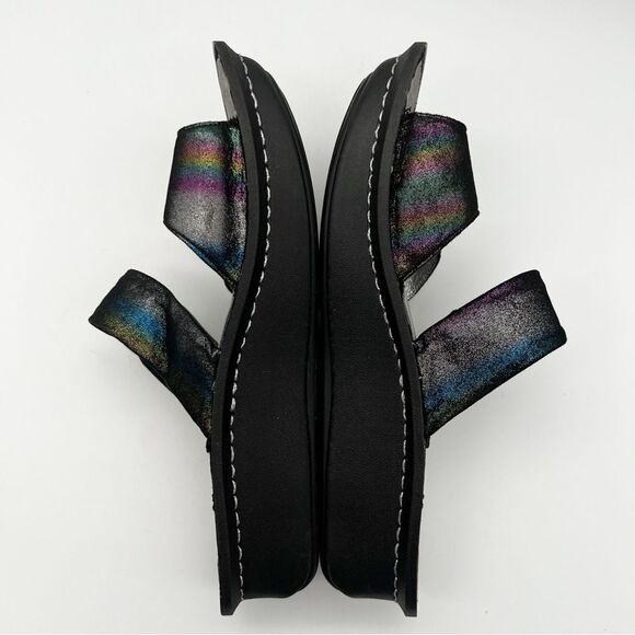 Alegria Karmen Black Metallic Rainbow Leather Slip On Slide Platform Sandals 38 - Picture 6 of 13